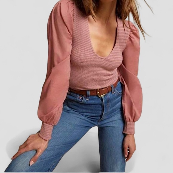 NATION LTD Della Smocked Puff Sleeve Top Kitten Heel Pink - Picture 4 of 12